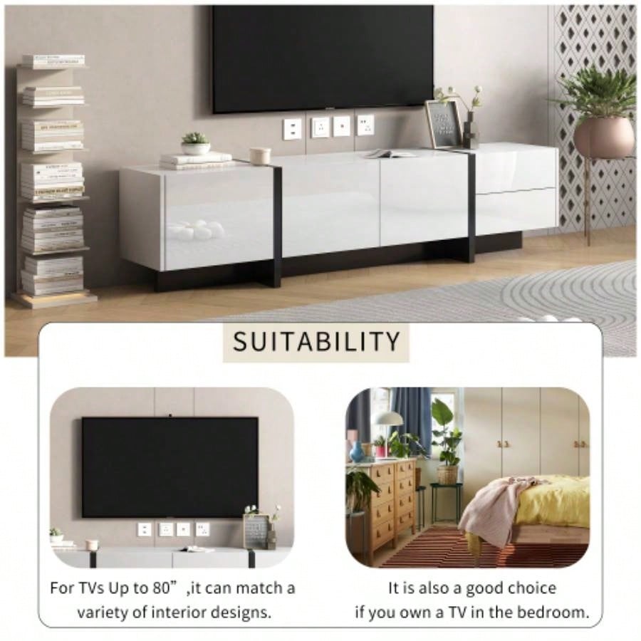 VIDEO provided ON - TREND White Black Contemporary Rectangle Design TV Stand, Unique Style TV Console Table TVs Up to 80 Modern TV Cabinet with High Gloss Surface Living Room.