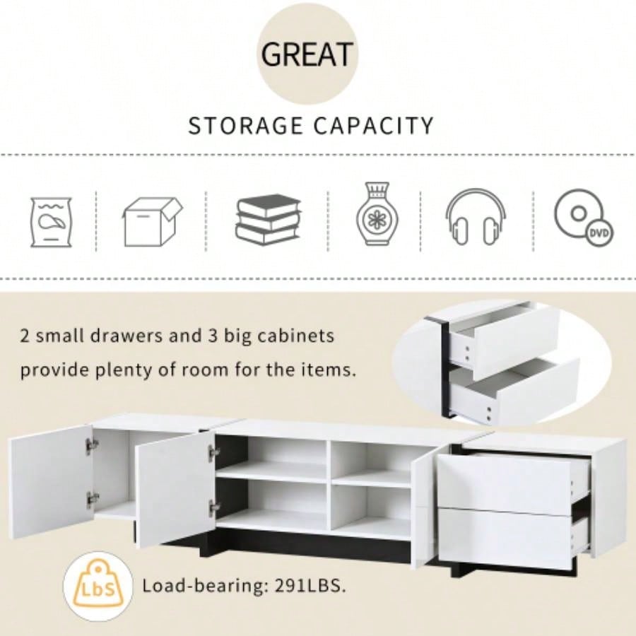VIDEO provided ON - TREND White Black Contemporary Rectangle Design TV Stand, Unique Style TV Console Table TVs Up to 80 Modern TV Cabinet with High Gloss Surface Living Room.