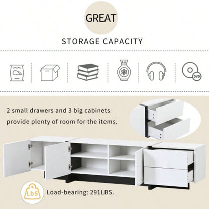 VIDEO provided ON - TREND White Black Contemporary Rectangle Design TV Stand, Unique Style TV Console Table TVs Up to 80 Modern TV Cabinet with High Gloss Surface Living Room.