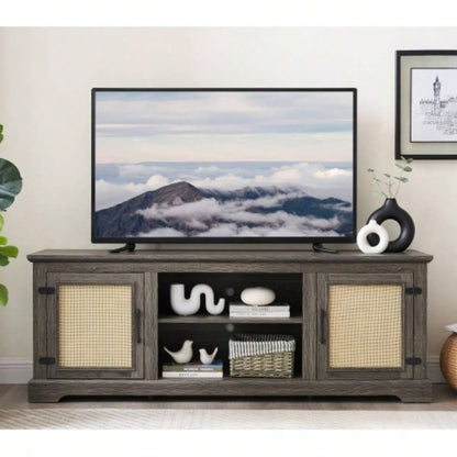 Farmhouse Rattan TV Stand Console Table TVs up to 70 Inches, TV Console Table with 2 Storage Shelves, 2 Natural Rattan Door Cabinets, 6515.55D*23.86H, Gray