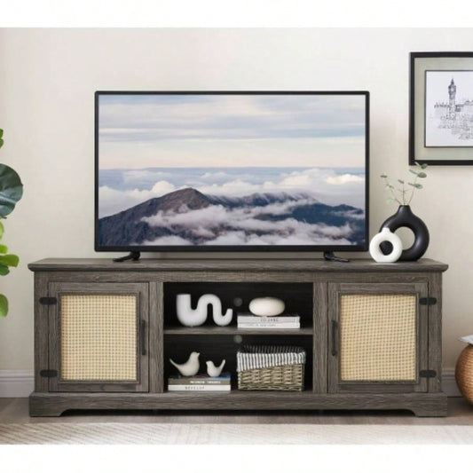 Farmhouse Rattan TV Stand Console Table TVs up to 70 Inches, TV Console Table with 2 Storage Shelves, 2 Natural Rattan Door Cabinets, 6515.55D*23.86H, Gray