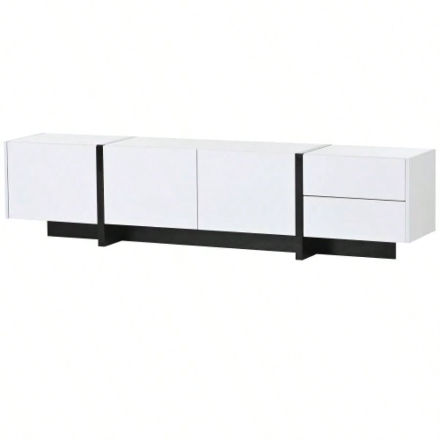 VIDEO provided ON - TREND White Black Contemporary Rectangle Design TV Stand, Unique Style TV Console Table TVs Up to 80 Modern TV Cabinet with High Gloss Surface Living Room.