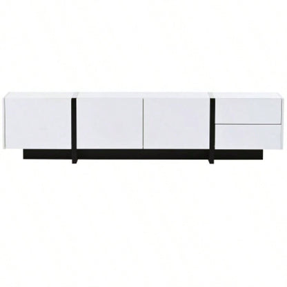 VIDEO provided ON - TREND White Black Contemporary Rectangle Design TV Stand, Unique Style TV Console Table TVs Up to 80 Modern TV Cabinet with High Gloss Surface Living Room.