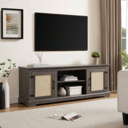 Farmhouse Rattan TV Stand Console Table TVs up to 70 Inches, TV Console Table with 2 Storage Shelves, 2 Natural Rattan Door Cabinets, 6515.55D*23.86H, Gray
