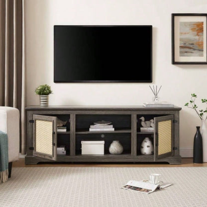 Farmhouse Rattan TV Stand Console Table TVs up to 70 Inches, TV Console Table with 2 Storage Shelves, 2 Natural Rattan Door Cabinets, 6515.55D*23.86H, Gray
