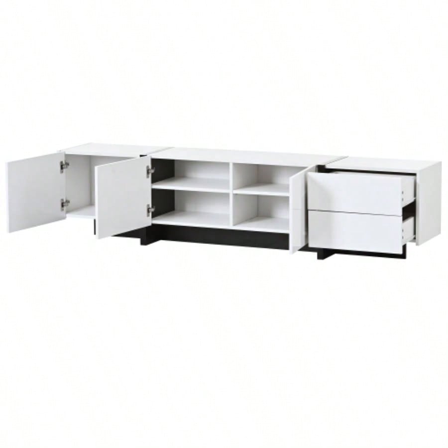 VIDEO provided ON - TREND White Black Contemporary Rectangle Design TV Stand, Unique Style TV Console Table TVs Up to 80 Modern TV Cabinet with High Gloss Surface Living Room.