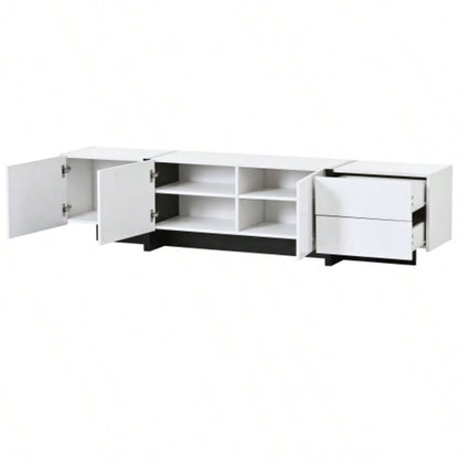 VIDEO provided ON - TREND White Black Contemporary Rectangle Design TV Stand, Unique Style TV Console Table TVs Up to 80 Modern TV Cabinet with High Gloss Surface Living Room.