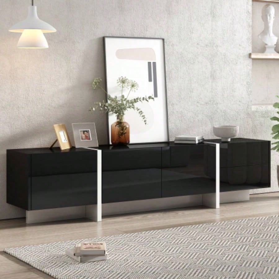 VIDEO provided ON - TREND White Black Contemporary Rectangle Design TV Stand, Unique Style TV Console Table TVs Up to 80 Modern TV Cabinet with High Gloss Surface Living Room.