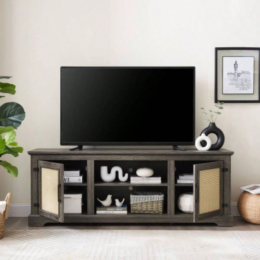 Farmhouse Rattan TV Stand Console Table TVs up to 70 Inches, TV Console Table with 2 Storage Shelves, 2 Natural Rattan Door Cabinets, 6515.55D*23.86H, Gray