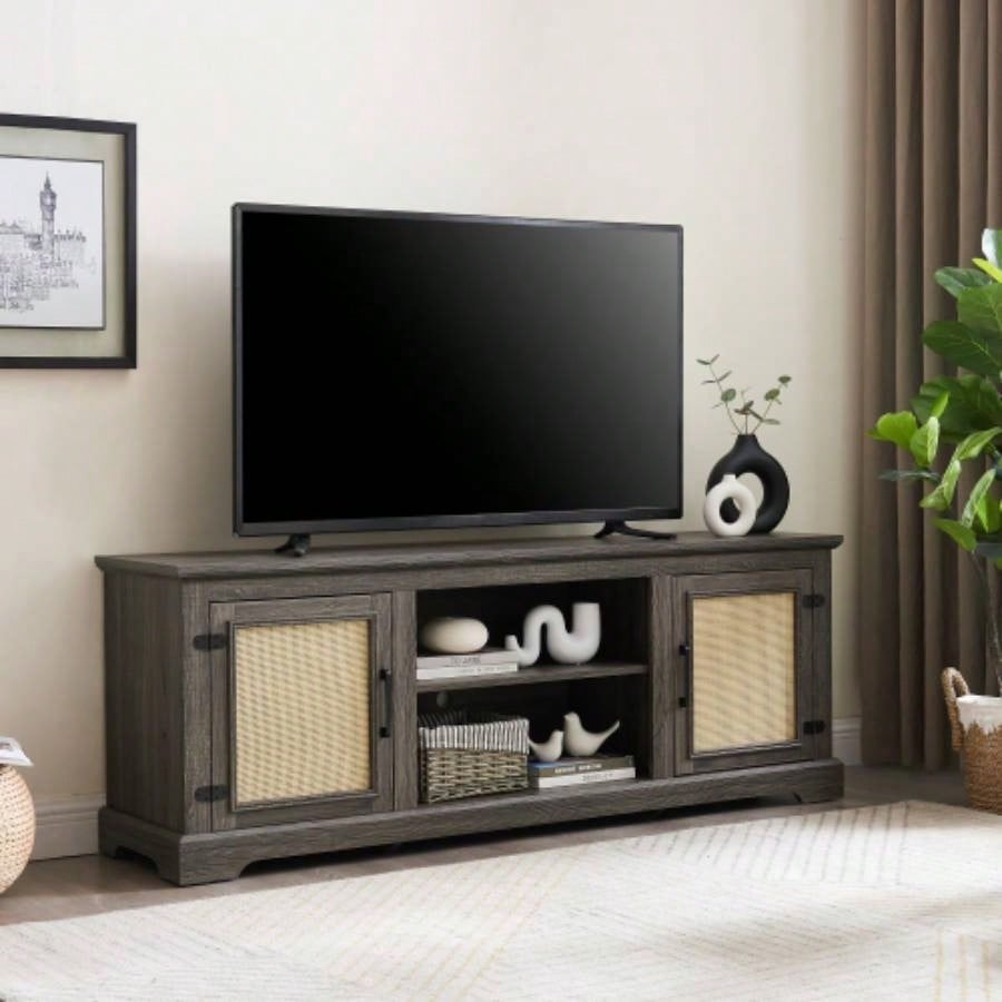 Farmhouse Rattan TV Stand Console Table TVs up to 70 Inches, TV Console Table with 2 Storage Shelves, 2 Natural Rattan Door Cabinets, 6515.55D*23.86H, Gray
