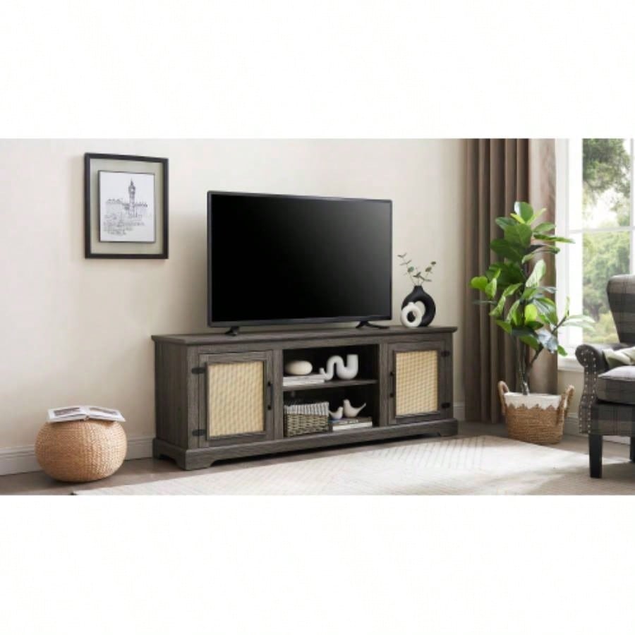 Farmhouse Rattan TV Stand Console Table TVs up to 70 Inches, TV Console Table with 2 Storage Shelves, 2 Natural Rattan Door Cabinets, 6515.55D*23.86H, Gray