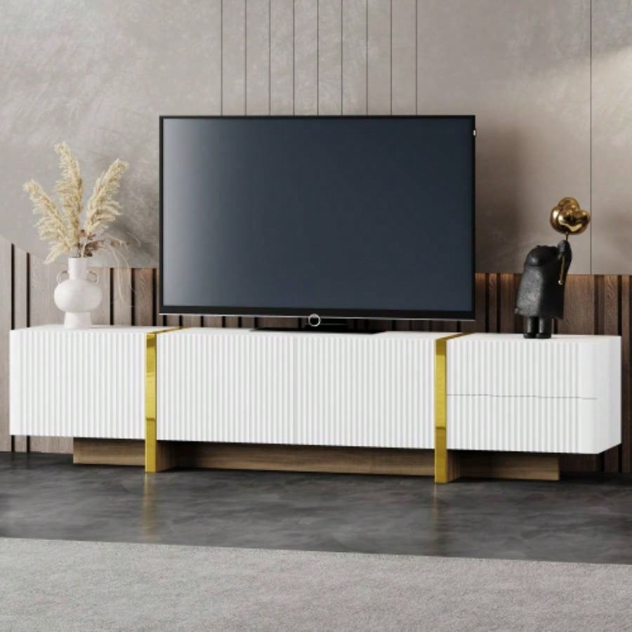 VIDEO provided ON - TREND White Black Contemporary Rectangle Design TV Stand, Unique Style TV Console Table TVs Up to 80 Modern TV Cabinet with High Gloss Surface Living Room.