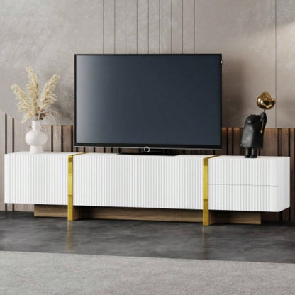 VIDEO provided ON - TREND White Black Contemporary Rectangle Design TV Stand, Unique Style TV Console Table TVs Up to 80 Modern TV Cabinet with High Gloss Surface Living Room.