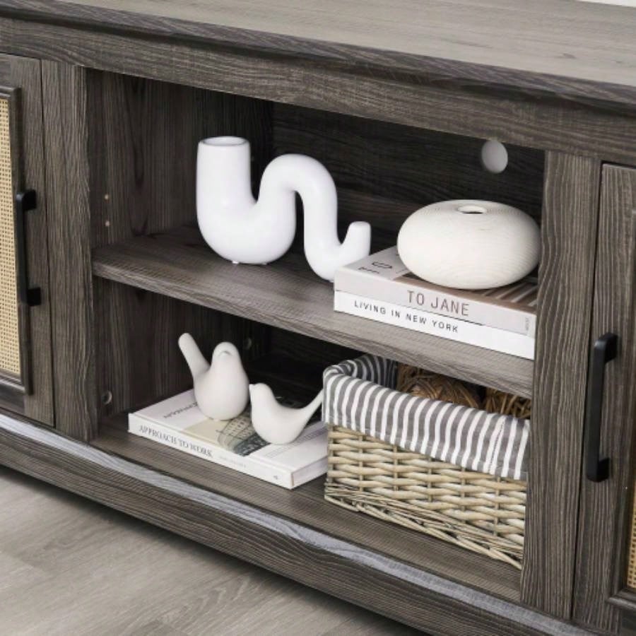 Farmhouse Rattan TV Stand Console Table TVs up to 70 Inches, TV Console Table with 2 Storage Shelves, 2 Natural Rattan Door Cabinets, 6515.55D*23.86H, Gray