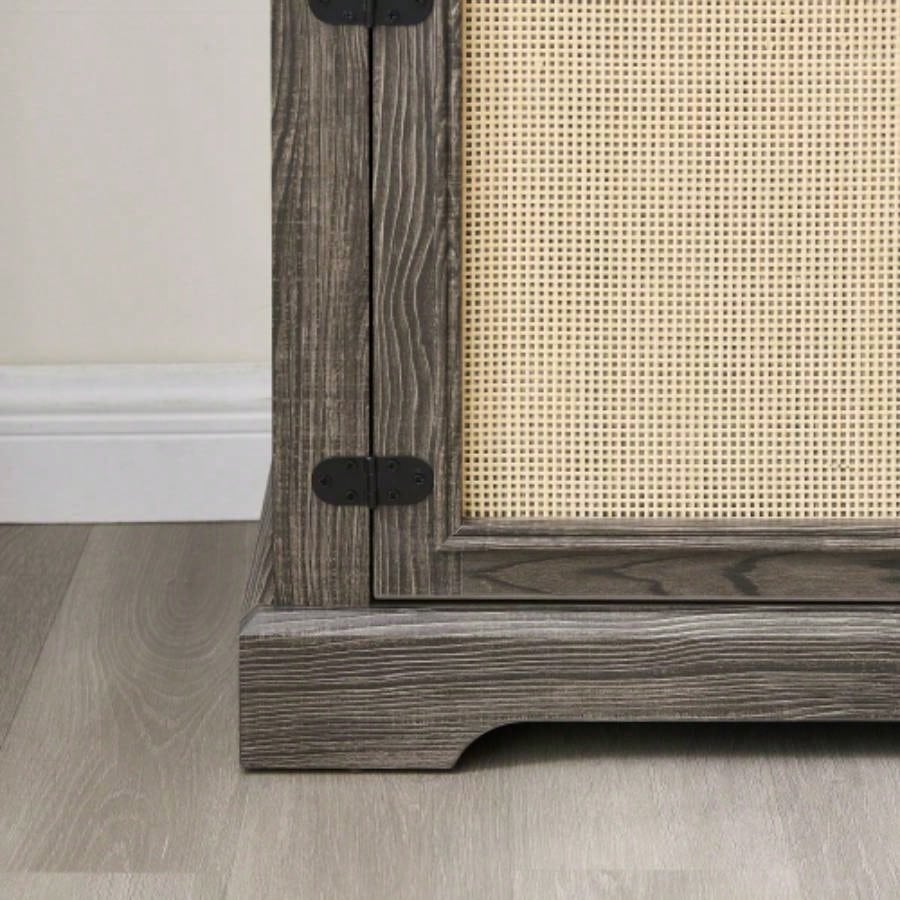 Farmhouse Rattan TV Stand Console Table TVs up to 70 Inches, TV Console Table with 2 Storage Shelves, 2 Natural Rattan Door Cabinets, 6515.55D*23.86H, Gray