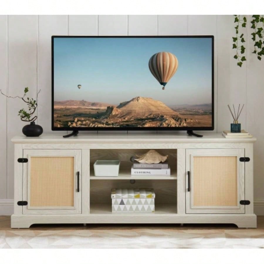 Farmhouse Rattan TV Stand Console Table TVs up to 70 Inches, TV Console Table with 2 Storage Shelves, 2 Natural Rattan Door Cabinets, 6515.55D*23.86H, Gray