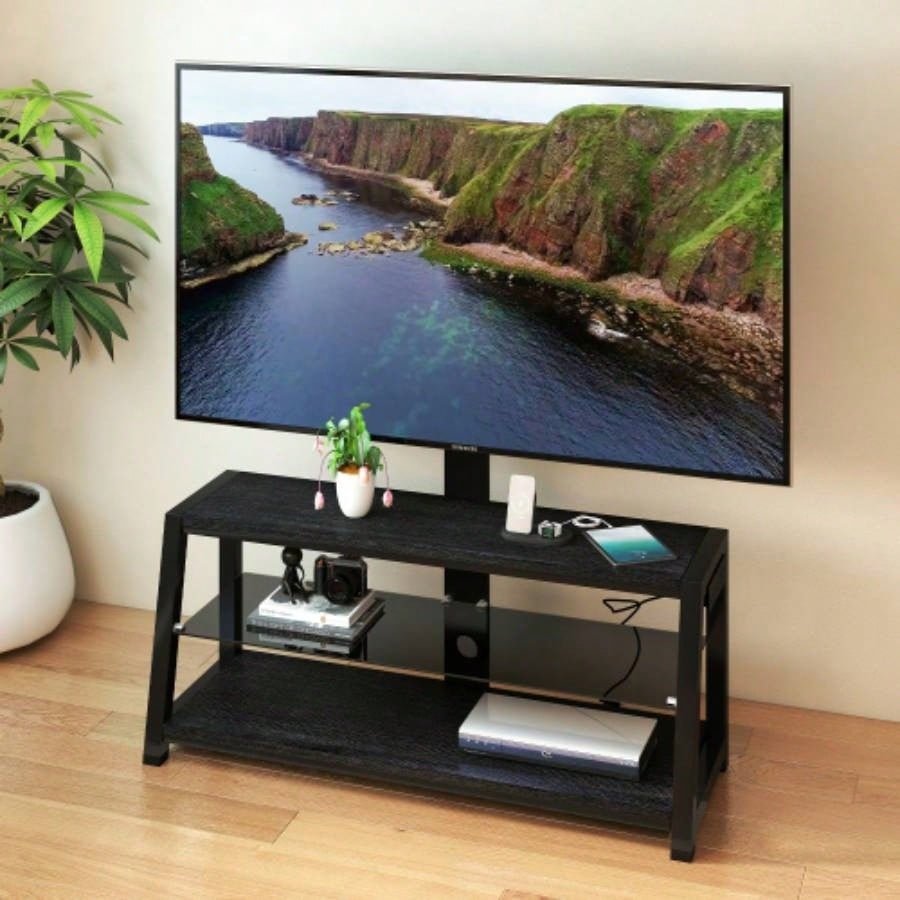 Wooden Storage TV Stand Black Tempered Glass Height Adjustable Universal Swivel Entertainment Center With Mount TV Stand, black
