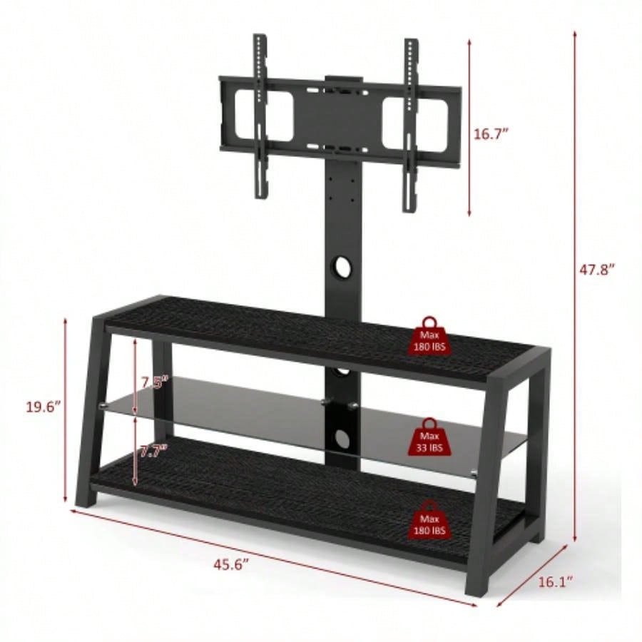 Wooden Storage TV Stand Black Tempered Glass Height Adjustable Universal Swivel Entertainment Center With Mount TV Stand, black