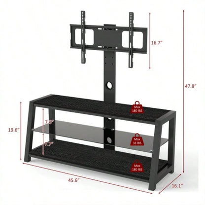 Wooden Storage TV Stand Black Tempered Glass Height Adjustable Universal Swivel Entertainment Center With Mount TV Stand, black