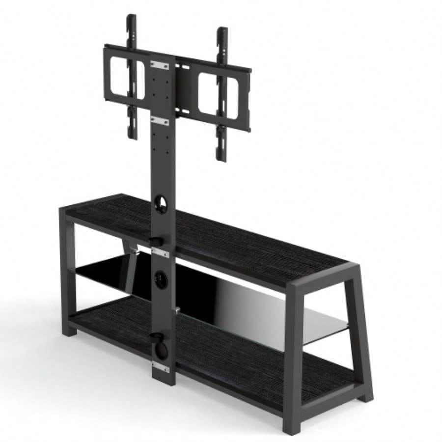 Wooden Storage TV Stand Black Tempered Glass Height Adjustable Universal Swivel Entertainment Center With Mount TV Stand, black