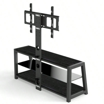 Wooden Storage TV Stand Black Tempered Glass Height Adjustable Universal Swivel Entertainment Center With Mount TV Stand, black