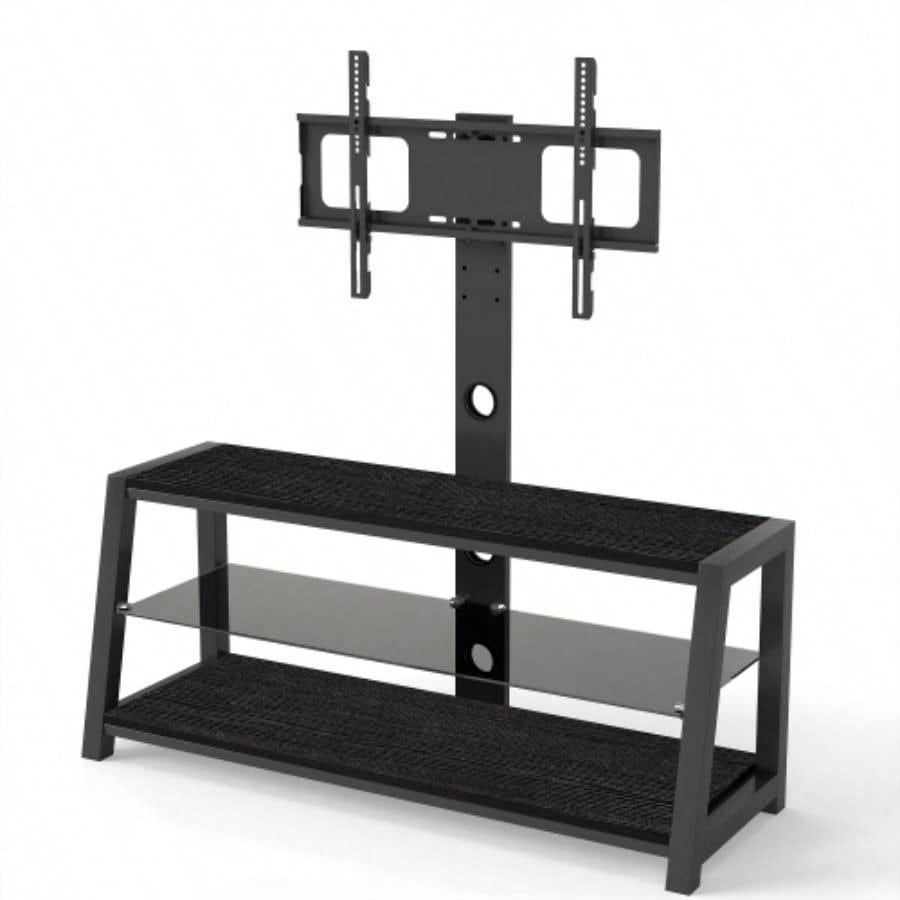 Wooden Storage TV Stand Black Tempered Glass Height Adjustable Universal Swivel Entertainment Center With Mount TV Stand, black
