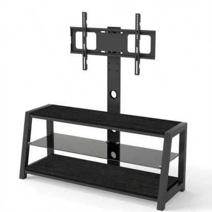 Wooden Storage TV Stand Black Tempered Glass Height Adjustable Universal Swivel Entertainment Center With Mount TV Stand, black