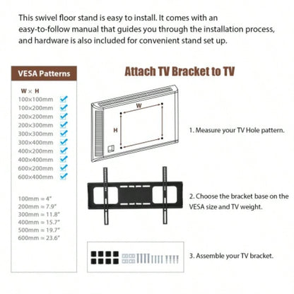 Wooden Storage TV Stand Black Tempered Glass Height Adjustable Universal Swivel Entertainment Center With Mount TV Stand, black