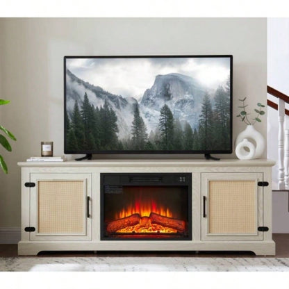 Farmhouse Rattan TV Stand Console Table TVs up to 70 Inches, TV Console Table with 2 Storage Shelves, 2 Natural Rattan Door Cabinets, 6515.55D*23.86H, Gray