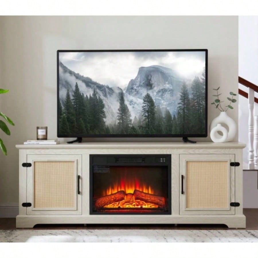 Farmhouse Rattan TV Stand Console Table TVs up to 70 Inches, TV Console Table with 2 Storage Shelves, 2 Natural Rattan Door Cabinets, 6515.55D*23.86H, Gray