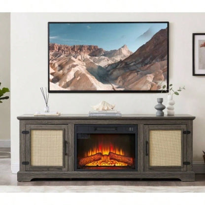 Farmhouse Rattan TV Stand Console Table TVs up to 70 Inches, TV Console Table with 2 Storage Shelves, 2 Natural Rattan Door Cabinets, 6515.55D*23.86H, Gray