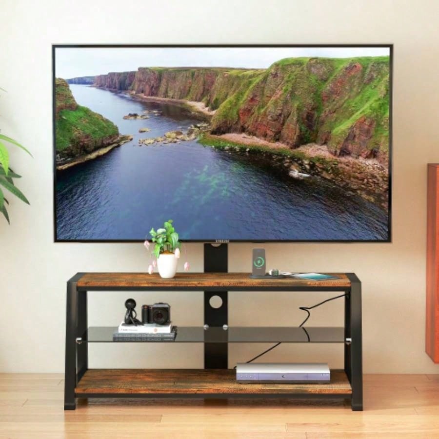 Wooden Storage TV Stand Black Tempered Glass Height Adjustable Universal Swivel Entertainment Center With Mount TV Stand, black