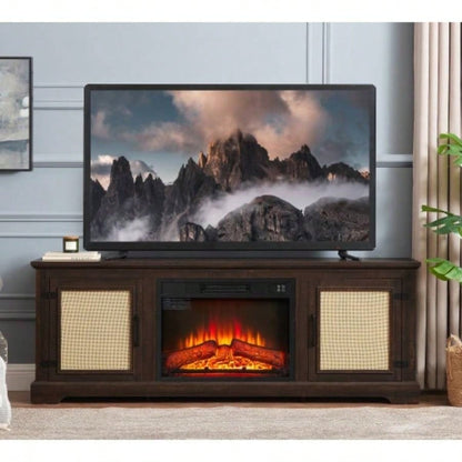Farmhouse Rattan TV Stand Console Table TVs up to 70 Inches, TV Console Table with 2 Storage Shelves, 2 Natural Rattan Door Cabinets, 6515.55D*23.86H, Gray