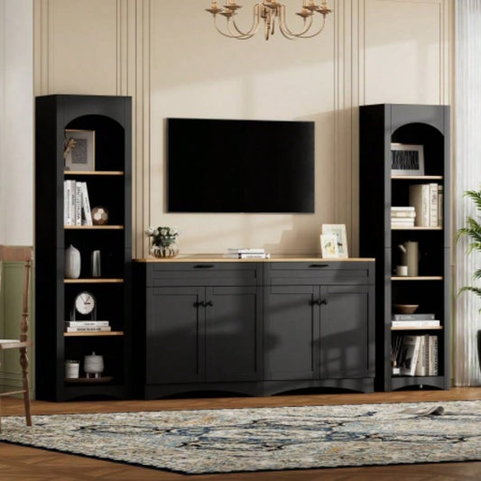 ON - TREND 3 - Piece Farmhouse Entertainment Center with Storage Cabinet TVs Up to 70 Mid - TV Stand with Bookshelf, Rustic Versatile Sideboard with Adjustable Shelves Living Room, Black