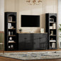 ON - TREND 3 - Piece Farmhouse Entertainment Center with Storage Cabinet TVs Up to 70 Mid - TV Stand with Bookshelf, Rustic Versatile Sideboard with Adjustable Shelves Living Room, Black
