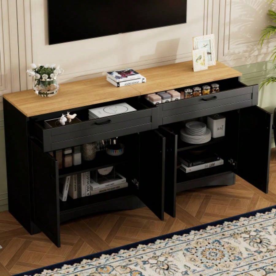 ON - TREND 3 - Piece Farmhouse Entertainment Center with Storage Cabinet TVs Up to 70 Mid - TV Stand with Bookshelf, Rustic Versatile Sideboard with Adjustable Shelves Living Room, Black