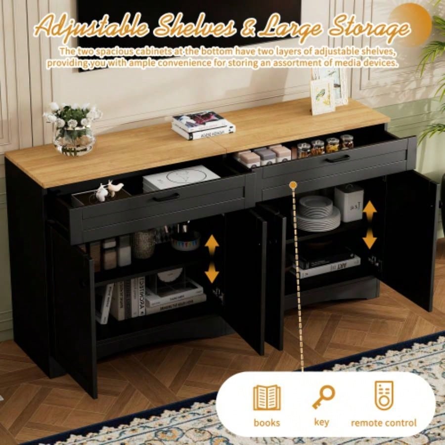 ON - TREND 3 - Piece Farmhouse Entertainment Center with Storage Cabinet TVs Up to 70 Mid - TV Stand with Bookshelf, Rustic Versatile Sideboard with Adjustable Shelves Living Room, Black