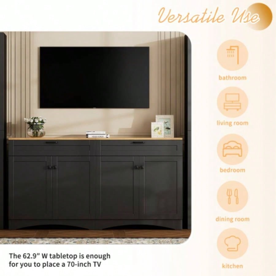 ON - TREND 3 - Piece Farmhouse Entertainment Center with Storage Cabinet TVs Up to 70 Mid - TV Stand with Bookshelf, Rustic Versatile Sideboard with Adjustable Shelves Living Room, Black