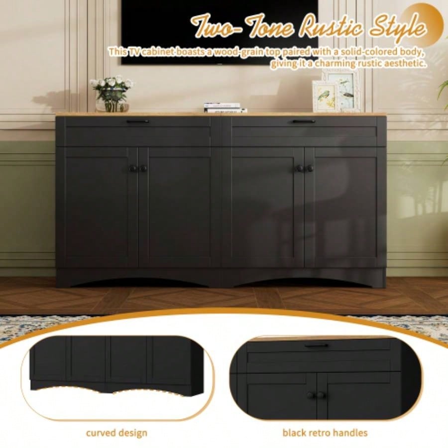 ON - TREND 3 - Piece Farmhouse Entertainment Center with Storage Cabinet TVs Up to 70 Mid - TV Stand with Bookshelf, Rustic Versatile Sideboard with Adjustable Shelves Living Room, Black