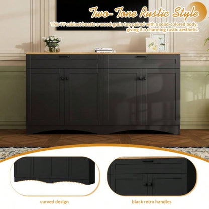 ON - TREND 3 - Piece Farmhouse Entertainment Center with Storage Cabinet TVs Up to 70 Mid - TV Stand with Bookshelf, Rustic Versatile Sideboard with Adjustable Shelves Living Room, Black