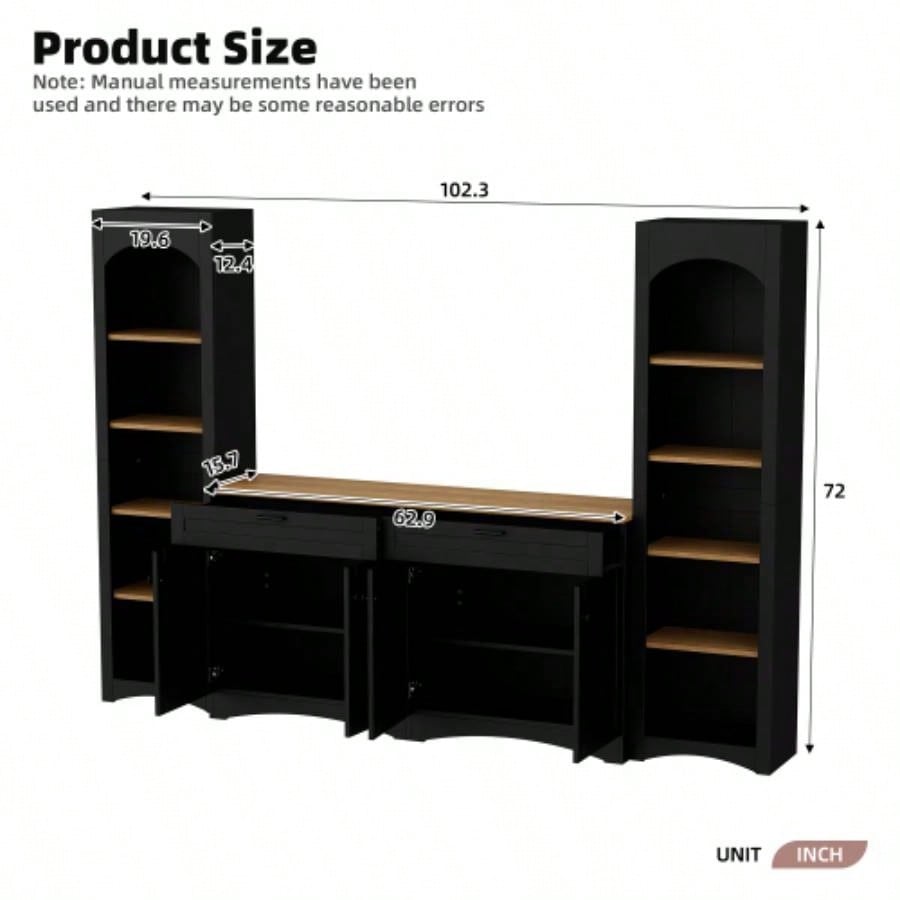 ON - TREND 3 - Piece Farmhouse Entertainment Center with Storage Cabinet TVs Up to 70 Mid - TV Stand with Bookshelf, Rustic Versatile Sideboard with Adjustable Shelves Living Room, Black