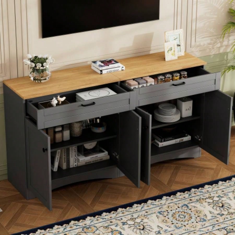 ON - TREND 3 - Piece Farmhouse Entertainment Center with Storage Cabinet TVs Up to 70 Mid - TV Stand with Bookshelf, Rustic Versatile Sideboard with Adjustable Shelves Living Room, Black