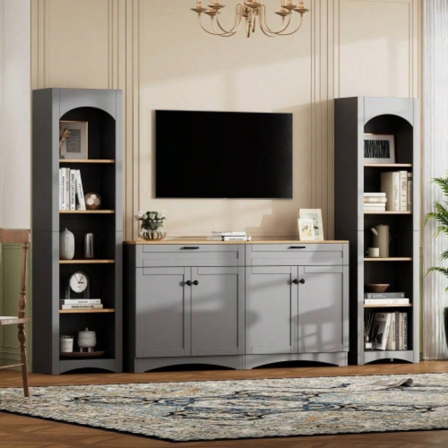 ON - TREND 3 - Piece Farmhouse Entertainment Center with Storage Cabinet TVs Up to 70 Mid - TV Stand with Bookshelf, Rustic Versatile Sideboard with Adjustable Shelves Living Room, Black