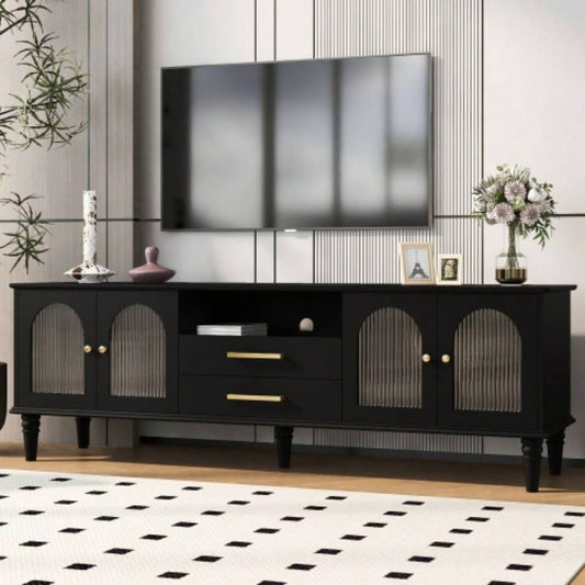 U - Can 68.9 Retro TV Stand TVs up to 75 Inches, Entertainment Center Media Console with Fluted Glass Doors and Five Solid Wood Living roomOLD SKU: N724P198468B