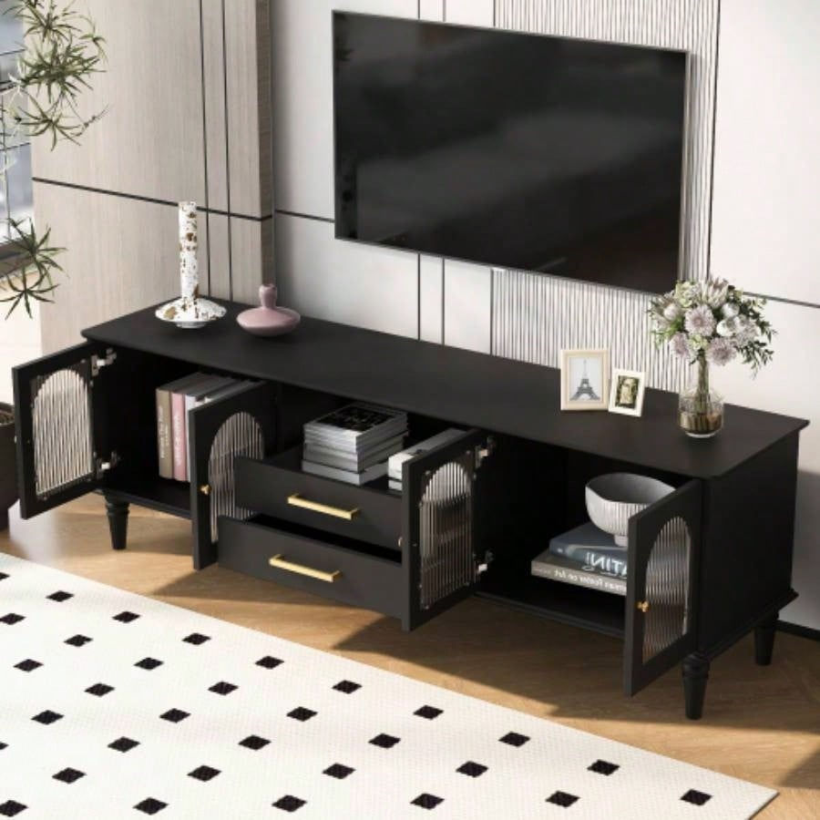 U - Can 68.9 Retro TV Stand TVs up to 75 Inches, Entertainment Center Media Console with Fluted Glass Doors and Five Solid Wood Living roomOLD SKU: N724P198468B