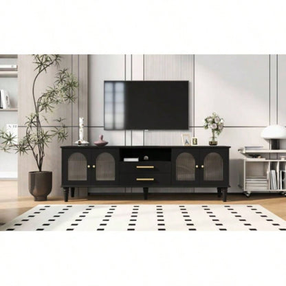 U - Can 68.9 Retro TV Stand TVs up to 75 Inches, Entertainment Center Media Console with Fluted Glass Doors and Five Solid Wood Living roomOLD SKU: N724P198468B
