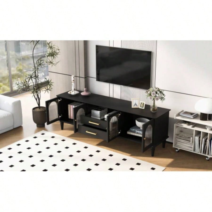 U - Can 68.9 Retro TV Stand TVs up to 75 Inches, Entertainment Center Media Console with Fluted Glass Doors and Five Solid Wood Living roomOLD SKU: N724P198468B