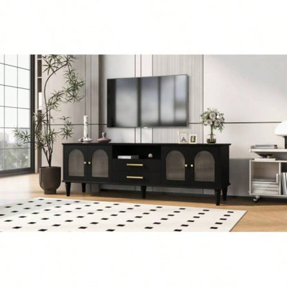U - Can 68.9 Retro TV Stand TVs up to 75 Inches, Entertainment Center Media Console with Fluted Glass Doors and Five Solid Wood Living roomOLD SKU: N724P198468B
