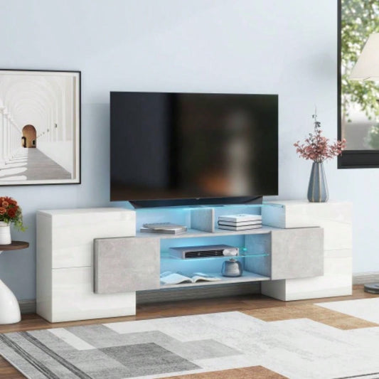 ON - TREND Unique Shape TV Stand with 2 Illuminated Glass Shelves, High Gloss Entertainment Center TVs Up to 88 Versatile TV Cabinet with LED Color Changing Lights Living Room,