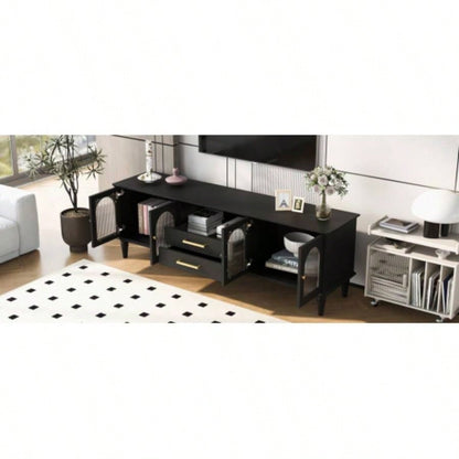 U - Can 68.9 Retro TV Stand TVs up to 75 Inches, Entertainment Center Media Console with Fluted Glass Doors and Five Solid Wood Living roomOLD SKU: N724P198468B